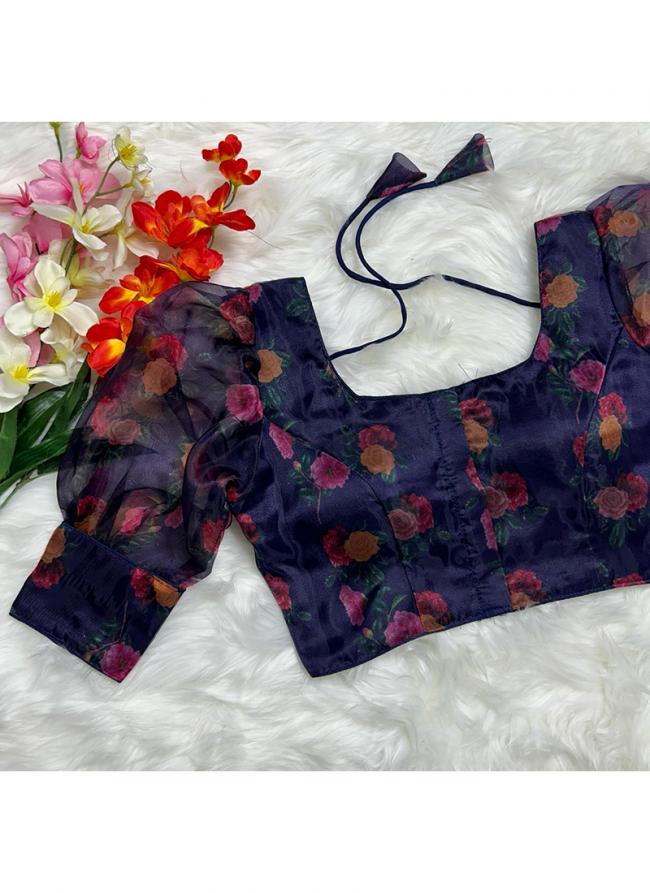 Organza Navy Blue Party Wear Digital Printed Blouse